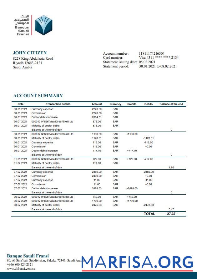 Printable Saudi Arabia Banque Saudi Fransi bank statement word real example